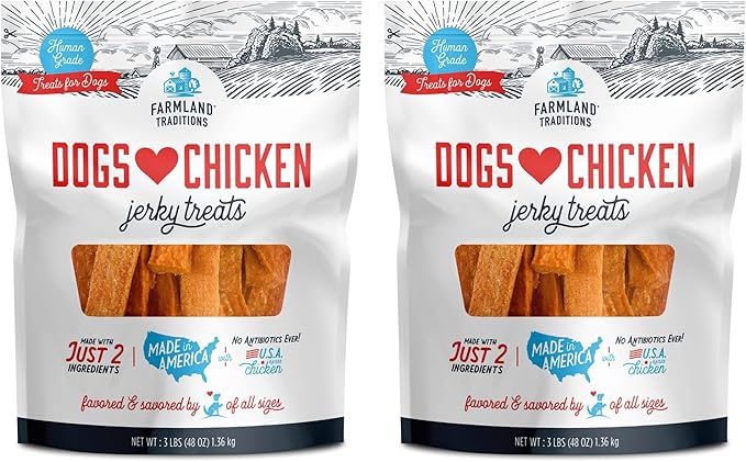 Farmland Traditions Dogs Love Chicken Jerky Dog Treats, Premium Two-Ingredient Dog Jerky with USA-Raised, Human-Grade Chicken & No Antibiotics Ever, 1-Pound Bag (Pack of 2)