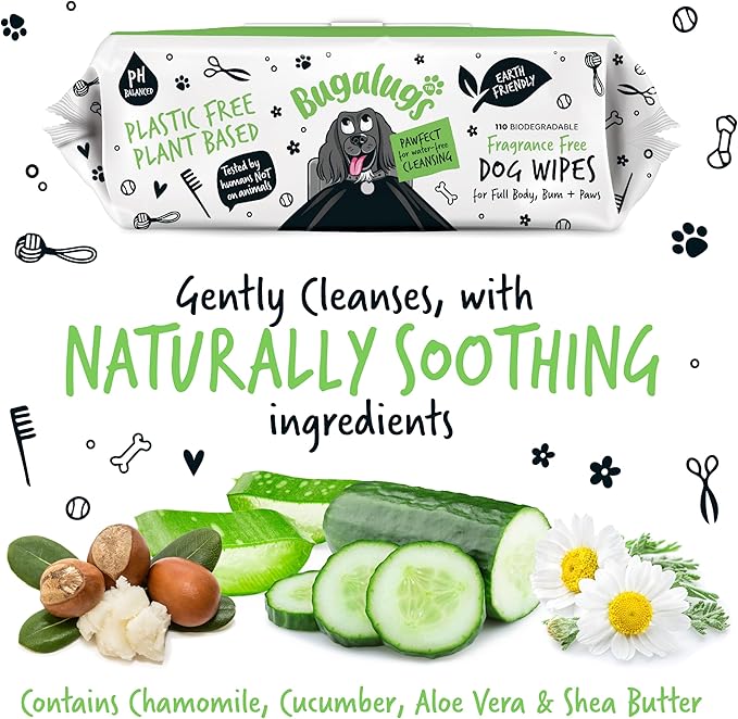 BUGALUGS Dog Wipes, 100% Plastic Free Biodegradable pet Wipes for Full Body, Eye Wipes, Ear Wipes, Bum & Paws. 110 Sensitive Dog Grooming Wipes for Dogs, Puppy & cat Grooming (Fragrance Free)