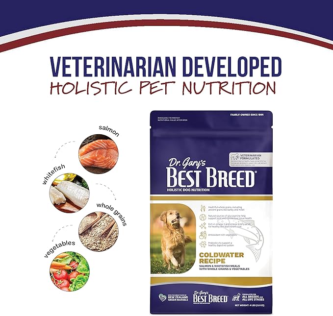 Best Breed Dr. Gary's Coldwater Recipe Slow-Cooked in USA, Natural Dry Dog Food for All Breeds and Sizes, 4lbs