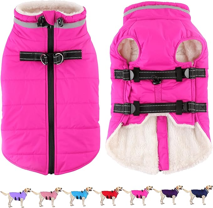Dogcheer Dog Coat, Waterproof Dog Jacket with Harness, Reflective Adjustable Puppy Winter Coat with Zipper, Christmas Pet Snow Jacket Clothes for Small Medium Large Dogs - Pink XL