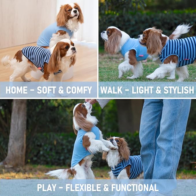 KYEESE 2Pack Dog Shirts Small Tee Soft for Small Dogs Striped T Shirt Lightweight Sleeveless Vest Cotton Tank Top Clothes, Large,Dark Blue+Striped