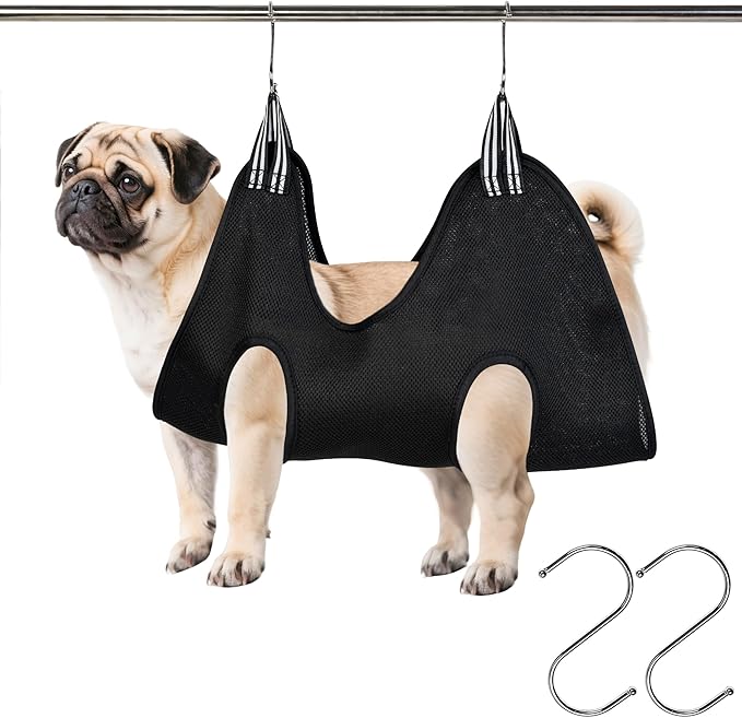 Pet Grooming Hammock for Cats & Dogs, Breathable Mesh Dog Hanging Harness for Nail Trimming, Grooming, Bathing Includes S Hooks, Dog Hammock/Grooming Sling, Pet Grooming Sling Helper(Black,M)