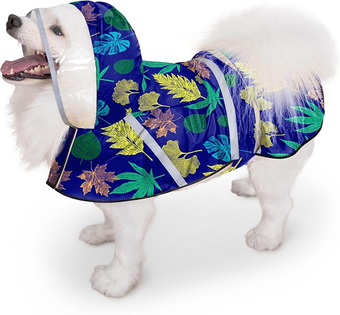 Dog Raincoat, Adjustable Rain Jacket with Hooded Double Layer for Large Medium Small Dogs Puppies, Lightweight Waterproof Rain Coat Poncho with Reflective Stripe Leaf Blue,XL