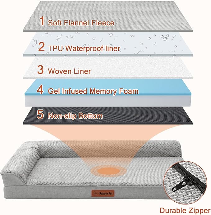 Orthopedic Dog Bed Medium Size Dog, Memory Foam Pet Bed for Medium Dogs, Washable Removable Cover, Nonskid Bottom, Waterproof, 35x23x6 Inches, Light Grey