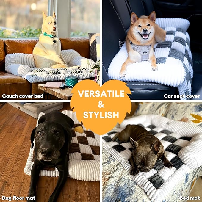 FUNNY FUZZY Pet Couch Covers for Sofa, Dog Couch Bed Washable Plush Pets Mat for Furniture Protector Cream Square Plaid Cozy Sofa Pad for Cats, Black