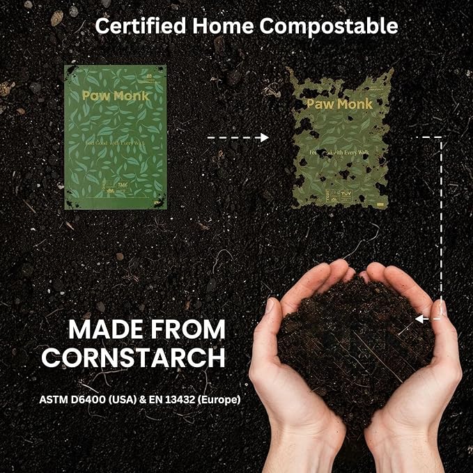 Paw Monk Certified Home Compostable Dog Poop Bags Rolls – Extra Thick, Strong & Leakproof, Easy Open – 120 Count Unscented Plant Based Pet Waste Bags