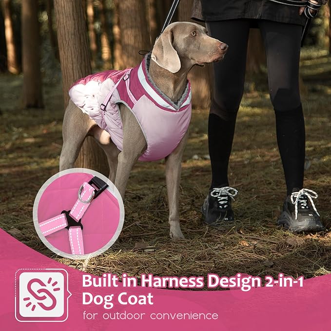 Dog Winter Coat with Harness, Dog Jacket, Pet Clothes with Zipper on Back, Waterproof Windproof Warm Vest, Reflective Cold Weather Coats, for Small Medium Large Dogs, Thick, Pink, XL