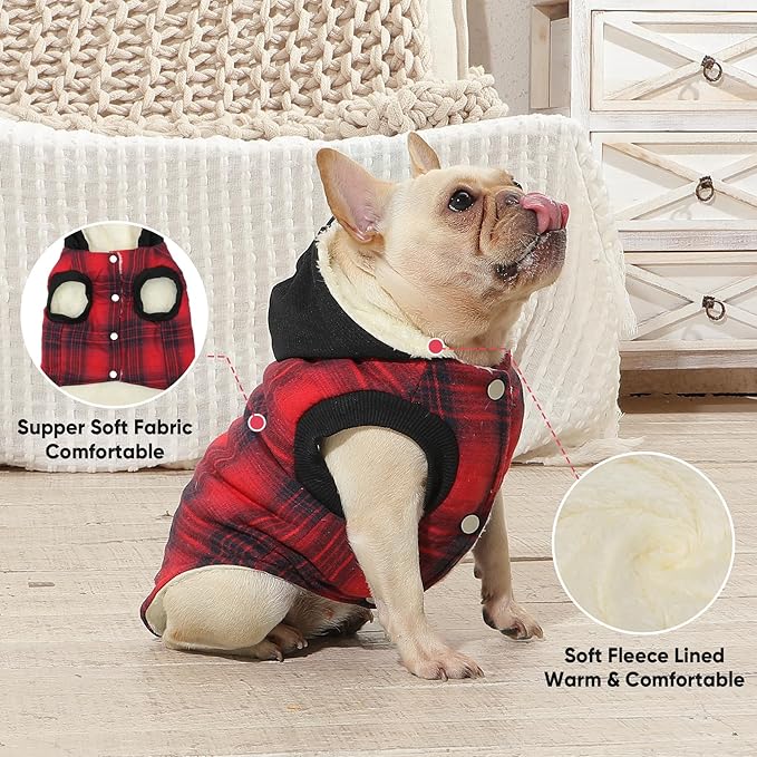 Fleece Lining Dog Hoodie for Small Dogs Extra Warm Plaid Sweater with Drawstring Hooded Coats in Winter Puppy Jacket,Red M