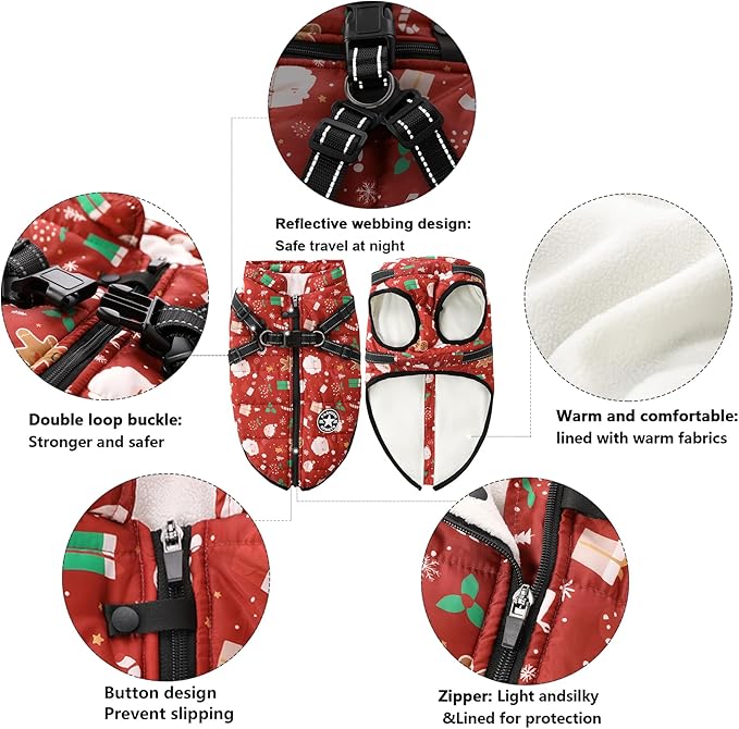 Aiboria Dog Jacket Windproof Fleece Dog Sweater with Padded Vest Chest Strap Harness Dogs Coat Christmas Red M