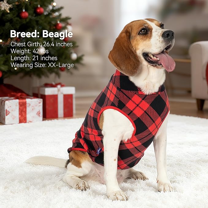 cyeollo 2 Pack Small Dog Sweater, Stretchy Doggy Sweatshirt Soft Fleece with Reflective Stripe Pullover Jacket Pet Puppy Clothes in Cold Weather Female Sweaters for Small Dogs, Red & Buffalo Plaid S
