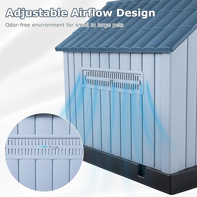 LEMBERI Large Plastic Dog House for Medium Large Dogs, Durable Waterproof Indoor Outdoor Doghouse with Air Vents and Elevated Floor, Easy to Assemble (Blue, 38.7" L x 36.8" W x 39.1" H)