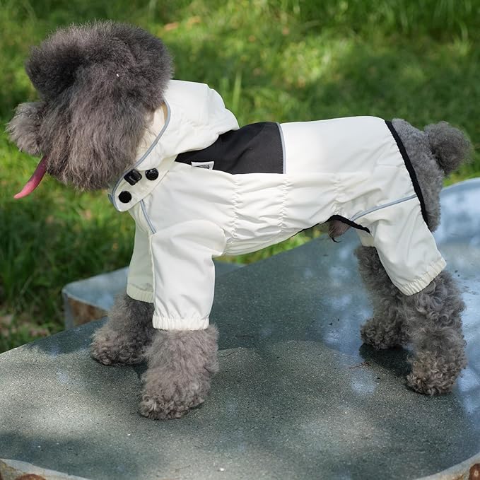 LOVELONGLONG Waterproof Dog Raincoat with Removable Hood – Outdoor Full Body Dog Jacket, Windproof Snowproof Shell Suit – All Season Pet Rain Gear Ivory 4XL