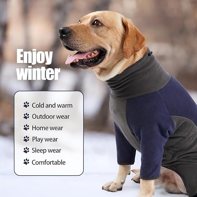 Dog Coat, Warm Fleece Jacket, Windproof Pullover Jumpsuit, Fullbody Pajamas Onesie, Cold Weather Clothes for Medium Large Dog (XSmall, Blue)