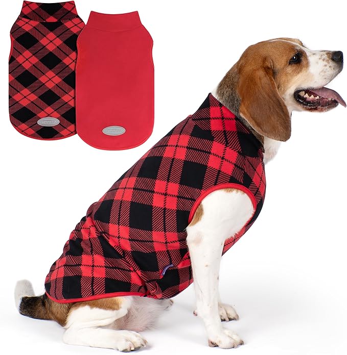 cyeollo 2 Pack Small Fleece Dog Sweater, Stretchy Pullover Soft Dog Jacket with Reflective Stripe Female & Male Sweatshirt Pet Clothes Coats for Small Dogs Boy & Girl, Red & Buffalo Plaid L