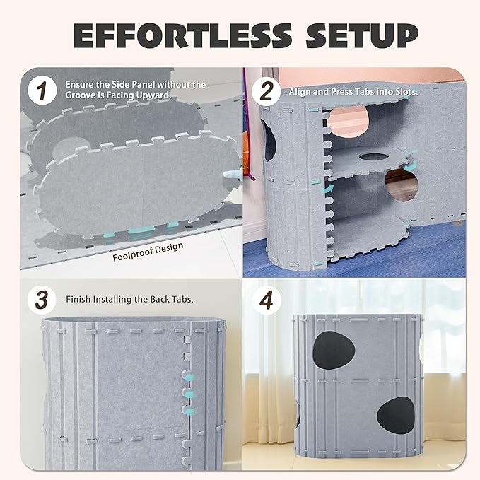 PETKARAY 2-Story Felt Cat House, Large Bed Cave for Indoor Cats, Felt Tunnel Hideaway Condo for Multi-Cat Households, 23.6x22x12 inches, Grey