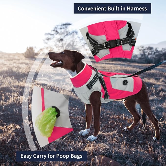 IECOii Dog Winter Coat Waterproof - Rosered, Medium - Dog Coat with Harness Built in for Medium Dogs,Thermal Warm Fleece Lined with Zip Up Cold Weather Jacket,Reflective Snowsuit for Outdoor Hiking