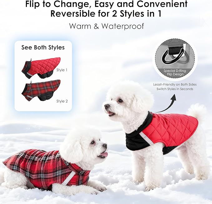 Quilted Dog Winter Coat, Plaid Lined Reversible Vest, Reflective Safety Strip, Cold Weather Pet Apparel Red XXS