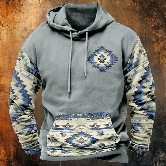 HOTYD Mens Western Aztec Sweatshirts Long Sleeve Fall Fashion Drawstring Pullover Vintage Graphic Cowboy Hoodie for Men