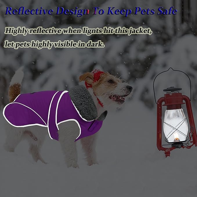 Dogcheer Dog Coat, Waterproof Dog Jacket Reflective Pet Winter Coat with Adjustable Hook & Loop, Christmas Puppy Fleece Jacket Warm Turtleneck Snowsuit for Small Medium Large Dogs - Purple, 3XL