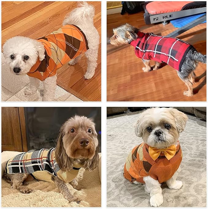 KOOLTAIL Dog Sweater Pet Knitted Clothes - Classic Plaid Pullover Turtleneck Fall Thanksgiving Dog Sweaters with Leash Hole, Thick Cold Weather Dog Outfits for Small Medium Large Dogs Cats Puppy SM