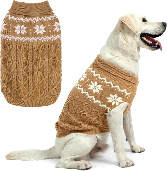 Warm Winter Pink Dog Sweater - Cold Weather Pet Clothes for Small Medium Large Dogs Indoor Outdoor, Soft Classic Knit Puppy Apparel Coat, Khaki, ML