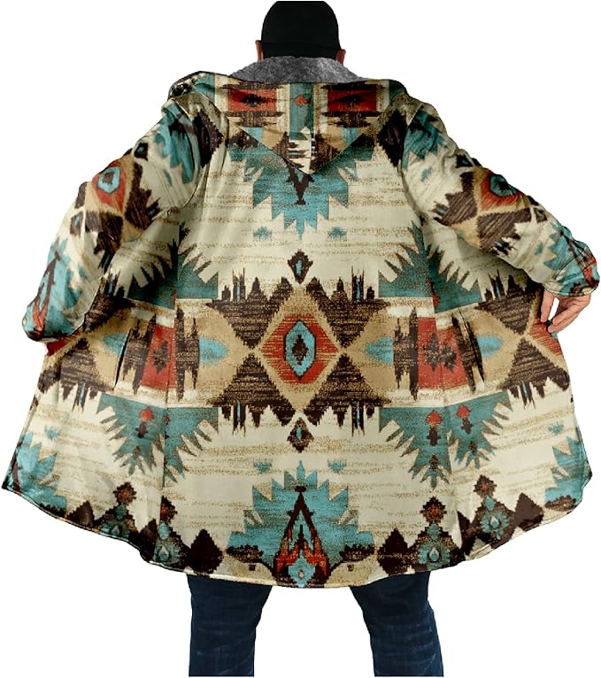 Mens Aztec Print Hoodie Heavyweight Cotton Fleece Jacket Zip Up Warm Long Sleeve Hooded Winter Midi Coat