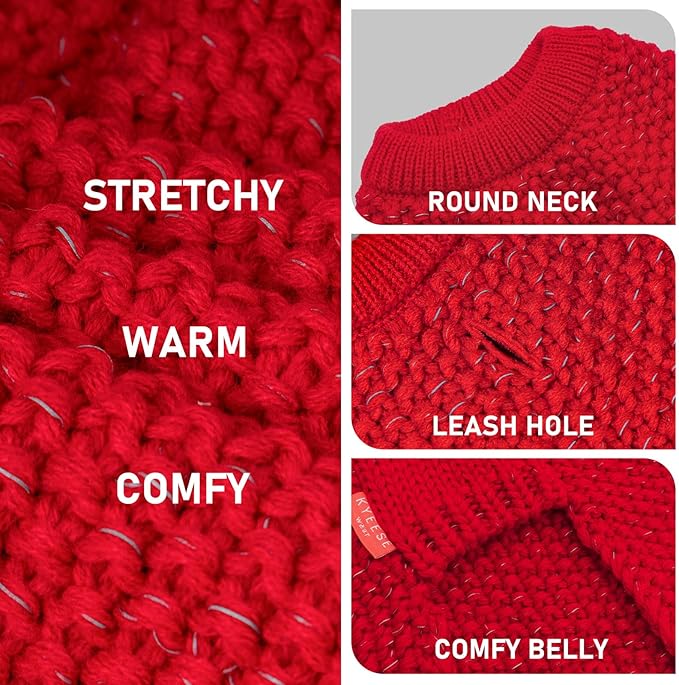 KYEESE Dog Christmas Sweater with Leash Hole Comfy Pullover Sweater Medium Size Male with Reflective Yarn Warm Pet Coats Stretchy Cozy Lightweight Thick Knitwear Dog Clothes,Red, X-Large