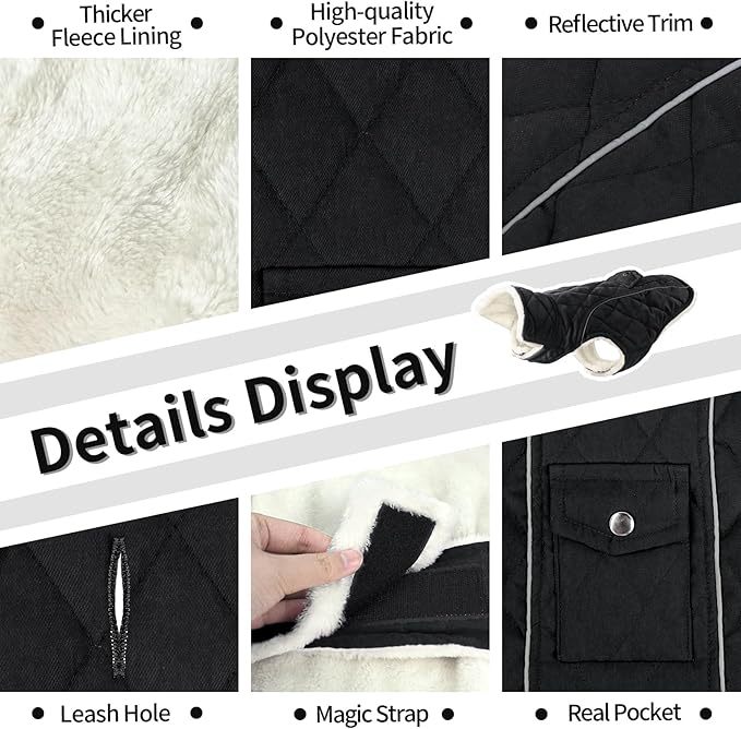Malier Dog Winter Coat, Windproof Dog Cold Weather Coats with Real Pocket, Winter Extra Warm Pet Coat Fleece Jacket Reflective Clothes for Small Medium Large Dogs and Puppy (Black, X-Small)