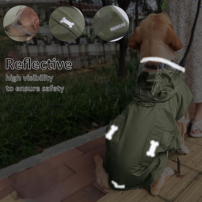 Waterproof Dog Raincoat, Adjustable Reflective Lightweight Pet Rain Clothes with Poncho Hood (Army Green, Large)