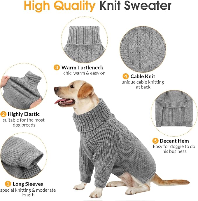 Queenmore Puppy Sweaters for Small Dogs,Christmas Dog Sweater XS,Heavy Cable Knit Turtleneck Warm Dog Coat for Male/Female Doggie，Pet Winter Clothes for All Breed/Sizes - Grey,XS