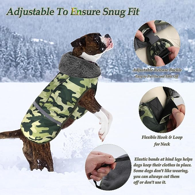 Dogcheer Warm Dog Coat, Waterproof Dog Jacket Reflective Adjustable Puppy Winter Coat with Buckle, Christmas Pet Snow Jacket Turtleneck Fleece Sweater for Small Medium Large Dogs- Camo Green, S