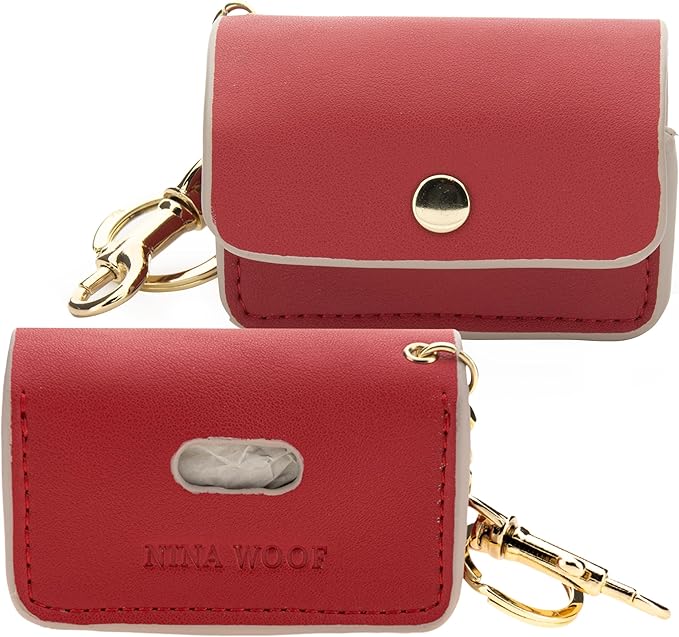 NINA WOOF Leather Poop Bag Holder- Versatile Vegan Leather Waste Bag Holder for Dog Poop, Accessories, & Leash, Reusable Pet Waste, Trash, Pet Diaper & Poop Bags Small Pouch Holder (Red)