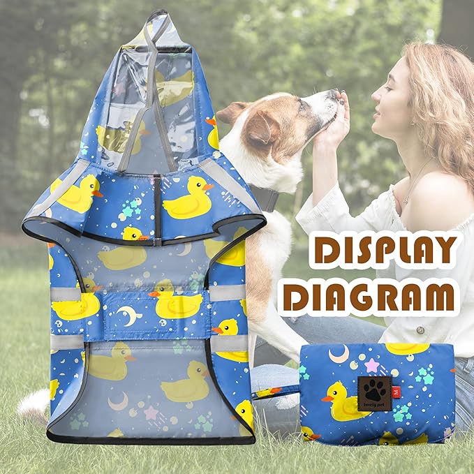 Dog Raincoat, Adjustable Rain Jacket with Hooded Double Layer for Large Medium Small Dogs Puppies, Lightweight Waterproof Rain Coat Poncho with Reflective Stripe Duck Blue,S