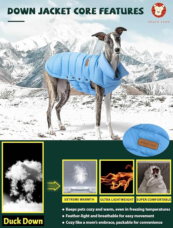 SPACE LION Dog Puffer Jacket, Down Winter Coat, Durable Outdoor Coat for Cold and Windy Conditions, Waterproof, Lightweight Jacket, Adjustable Fit for Small, Medium, Large Dogs(Alaskan Blue,28/4XL)