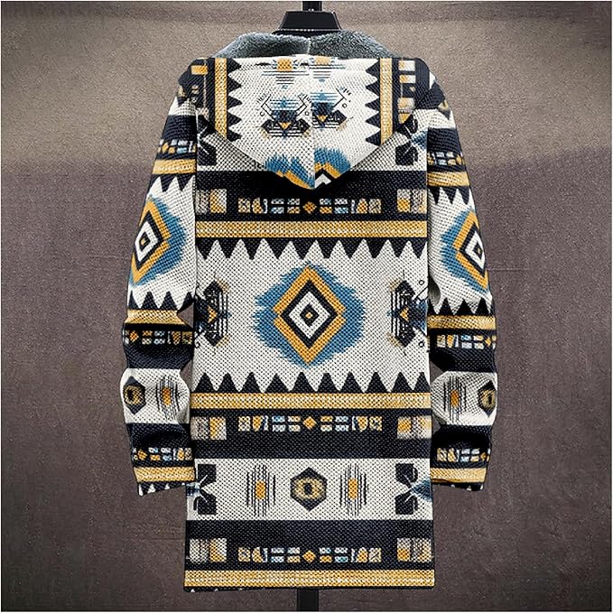 Mens Aztec Print Hoodie Heavyweight Cotton Fleece Jacket Zip Up Warm Long Sleeve Hooded Winter Midi Coat