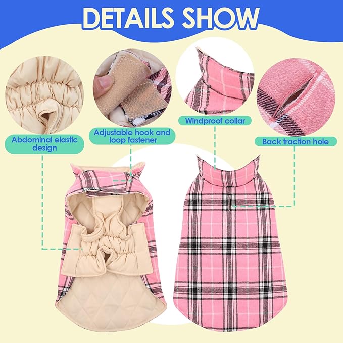MIGOHI Winter Dog Jackets, Reversible Windproof Waterproof, British Plaid Coat for Small Medium Large Dogs, Pink, L