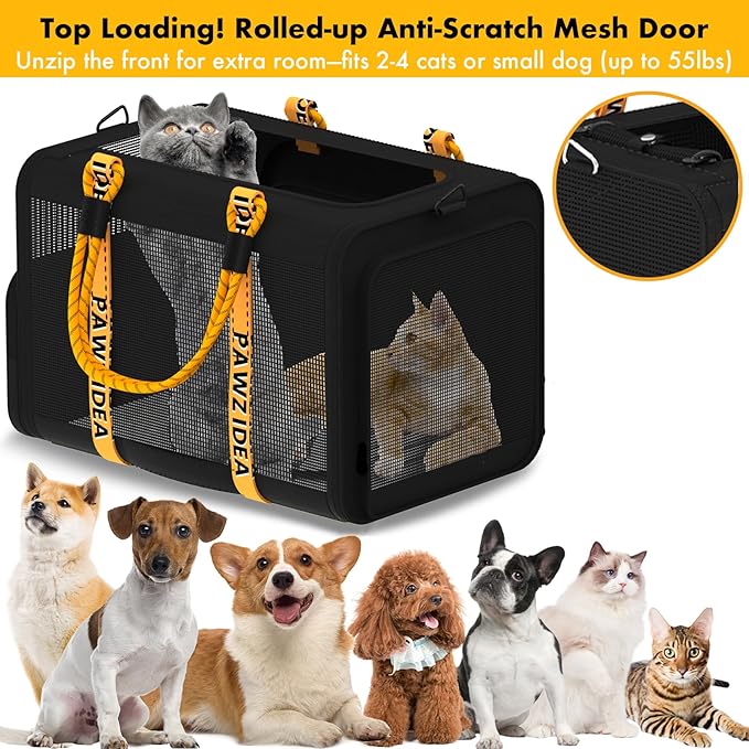 PAWZIDEA Large Pet Carrier Expandable, 24"×16"×16" Soft-Sided Cat Carrier for 2–4 Cats up 55lb, Portable & Collapsible Small Medium Dog Travel Crate for Car, XL Storage Pocket, ID Card, Shoulder Strap