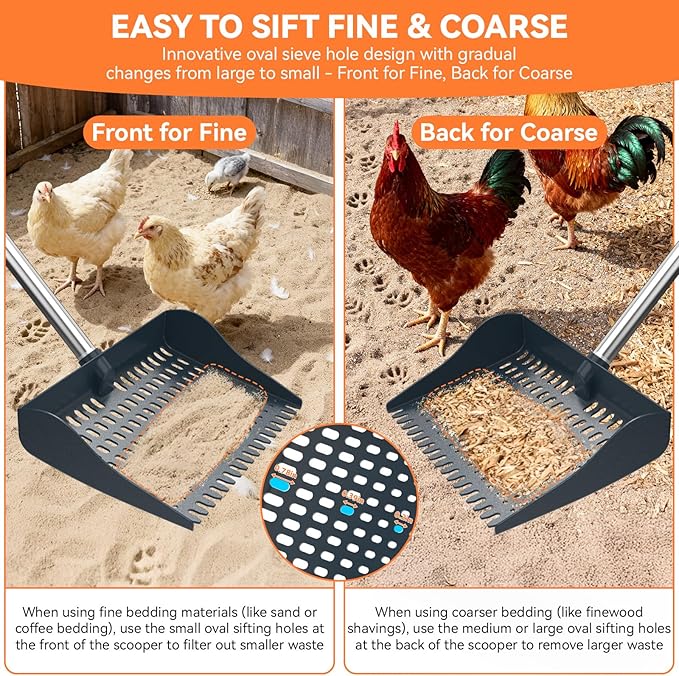 Chicken Poop Scooper & Rake 2-in-1, Pooper Scooper with 13in Wider PP Head & Adjustable Stainless Steel Handle, 33''-69'' Sand Sifting Shovel Litter Scooper for Chicken Coop/Small Farm Animals, Gray