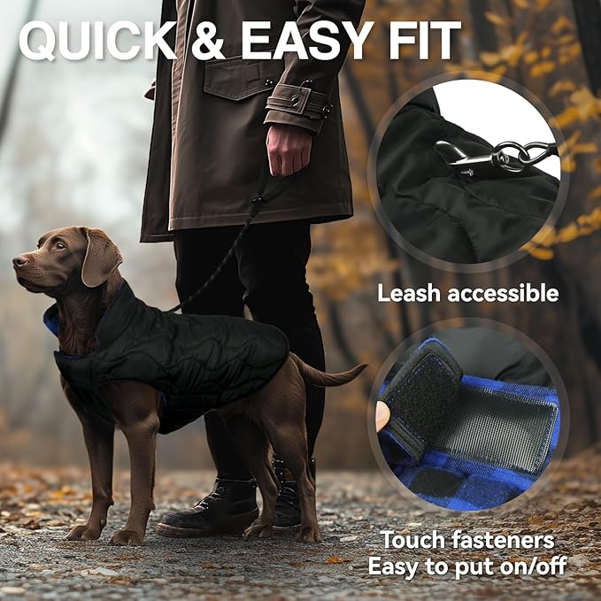 VIVAGLORY Softjoy Dog Coat, Dog Jacket for Winter & Christmas, Coat with Harness Hole & Velcro Closure, Reversible Plaid Checkered Warm Fluffy Heavy Duty for Puppy, XS, Sapphire Blue Plaid
