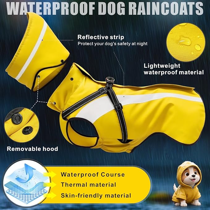 Mosucoirl Dog Raincoat Waterproof Raincoats for Dog Reflective Dogs Rain Jackets with Hood Hoodie Pet Rain Poncho Coat for Small Medium Large Dogs Puppies S-XXL (Yellow, XXL)