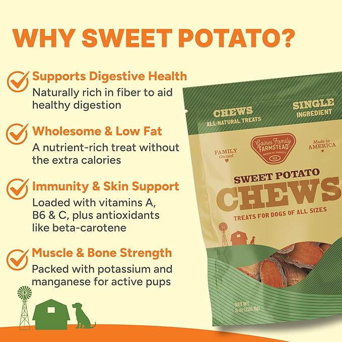 Gaines Family Farmstead Sweet Potato Chews for Dogs - 8 oz Bag, Single Ingredient, Dehydeated Sweet Potato Dog Treats, High Fiber, Grain-Free, Rawhide Alternative, Vitamin-Rich, Made in USA