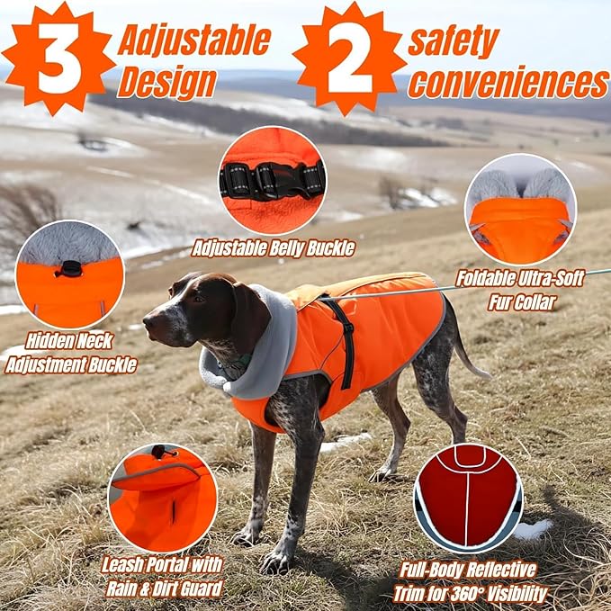 Insulated Relaxed Fit Dog Winter Jacket with Full-Body Reflective Strip, Hard Shell Pet Coat for Outdoor, Waterproof & Adjustable Coats for Large Dogs, Soft Fur Collar Clothes for Bulldog(Orange, XL)