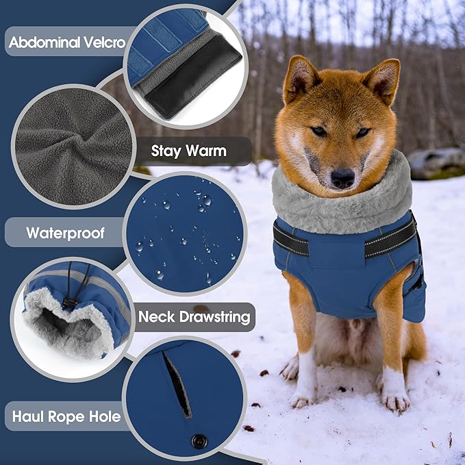 PETDSH Dog Coat Large, Built-in Harness Dog Jacket with Warm Fleece Lining, Waterproof Reflective Dogs Winter Coat, Pet Coats with Pocket and Trash Bags (Navy Blue, Large)