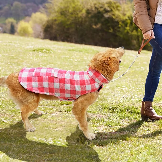 Malier Classic Plaid Fleece Dog Coat Jacket with Pocket, Windproof Warm Winter Pet Apparel for Small Medium Large Dogs (Pink, Large)