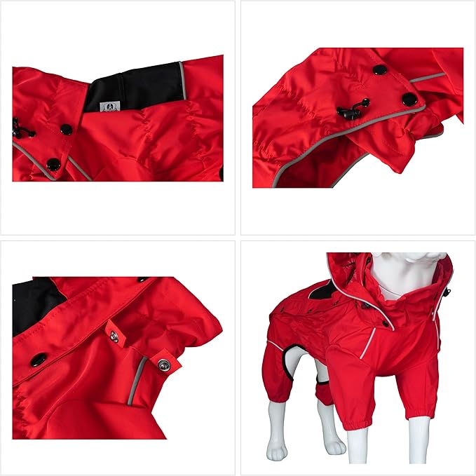 LOVELONGLONG Waterproof Dog Raincoat with Removable Hood – Outdoor Full Body Dog Jacket, Windproof Snowproof Shell Suit – All Season Pet Rain Gear Red XXL