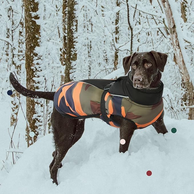 IECOii Extra Warm Dog Coat - Adjustable Winter Jacket with Buckle, Fleece Turtleneck, Reflective Accents, Orange Camo for Small to Extra Large Dogs