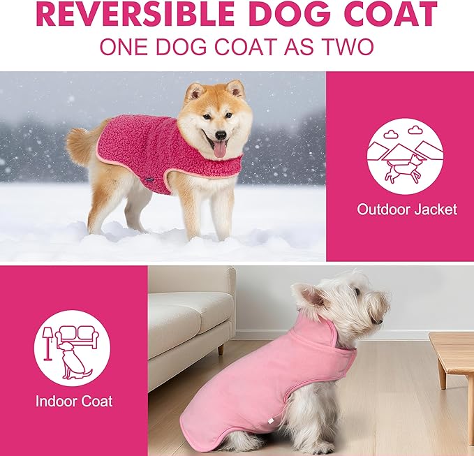 cyeollo Warm Dog Coat Sherpa Dog Winter Coat, Reversible Fleece Doggie Jackets Sweater Vest for Small Dogs Male with Leash Hole, Soft Cold Weather Pet Coats, Fuchsia S