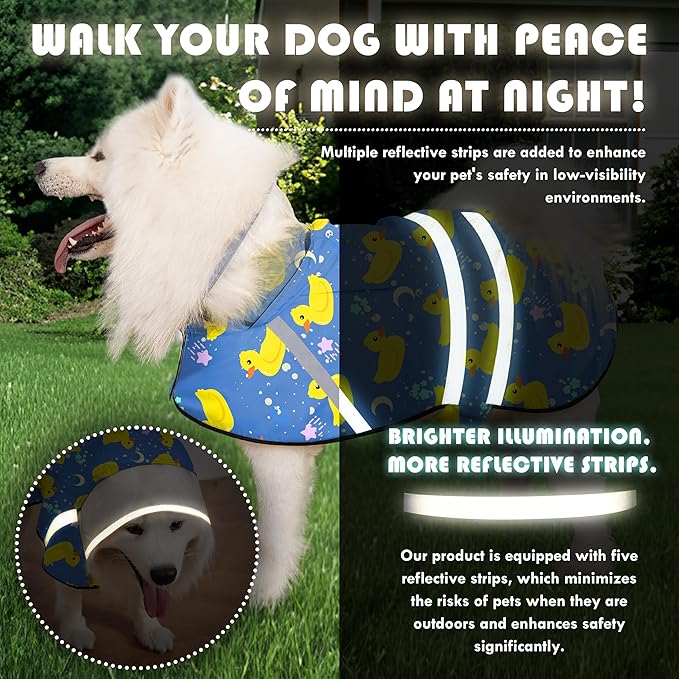 Dog Raincoat, Adjustable Rain Jacket with Hooded Double Layer for Large Medium Small Dogs Puppies, Lightweight Waterproof Rain Coat Poncho with Reflective Stripe Duck Blue,L