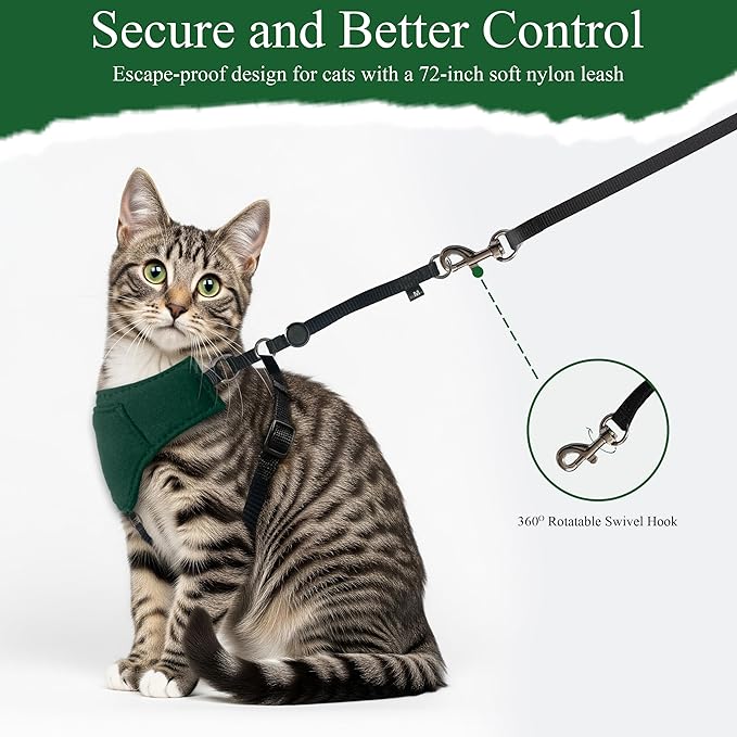 A1HC Escape Proof Cat Harness and Leash - Soft Adjustable Vest, Comfortable Mesh and Long Strips with Air Tag Pocket, Easy Control, Safe Walking Harness for Cats & Kittens - Dark Green (Medium)