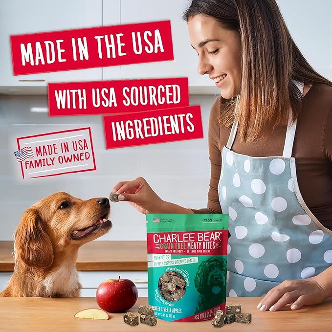 Charlee Bear Grain Free Meaty Bites Freeze Dried Dog Treats with Probiotics, Puppy Training Snacks, Soft Dog Bites Beef Liver with Apple, 2.25 oz Bags (2), Made USA
